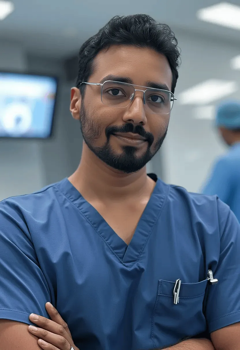 Dr. Vishnu Baburaj in scrubs at Aster MIMS Kannur