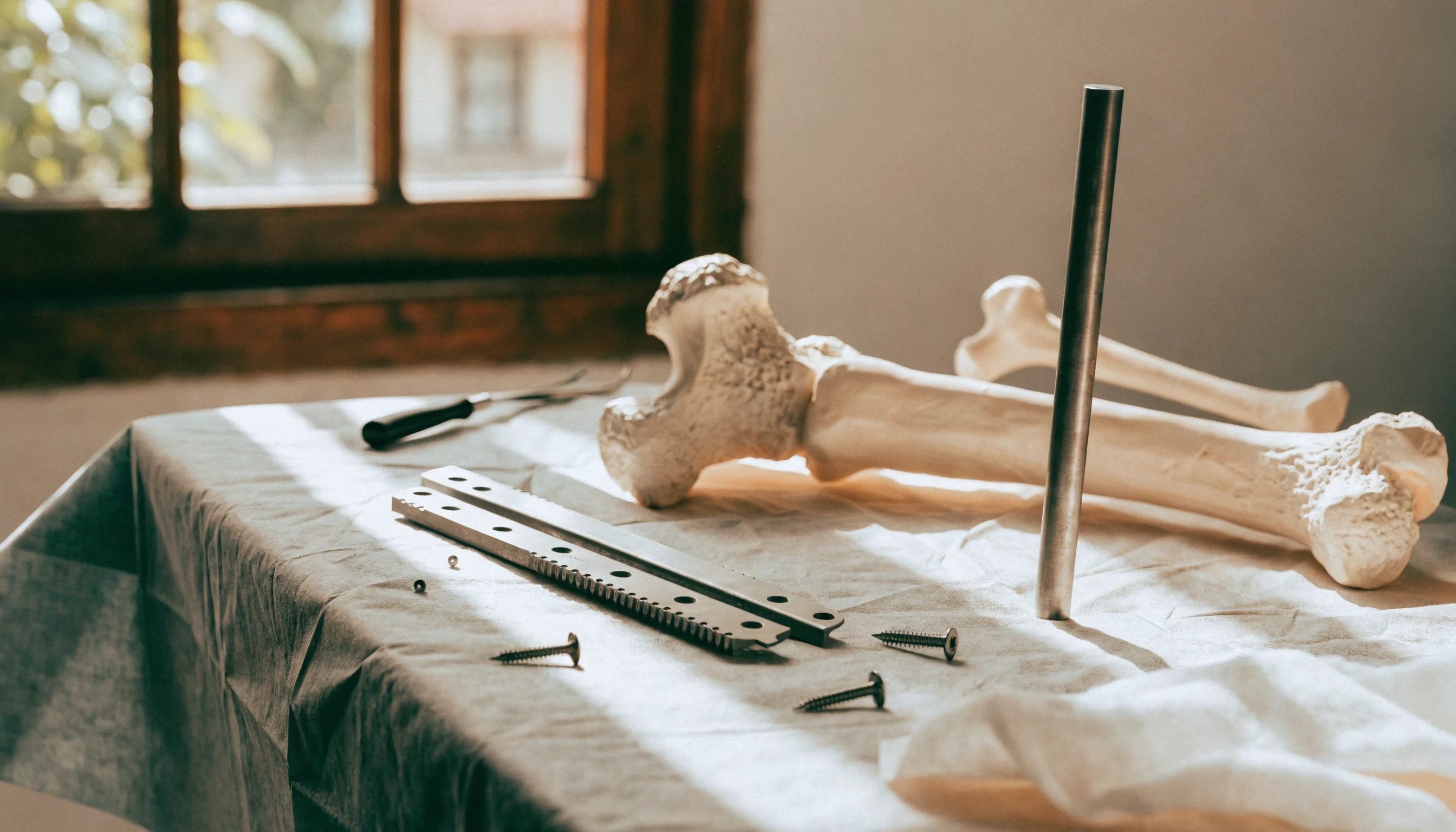People-free fracture-care still life with bone models, imaging and orthopaedic equipment illustrating Plate, Screw, or Rod: How Surgeons Fix a Broken Bone (and When the Metal Comes Out)