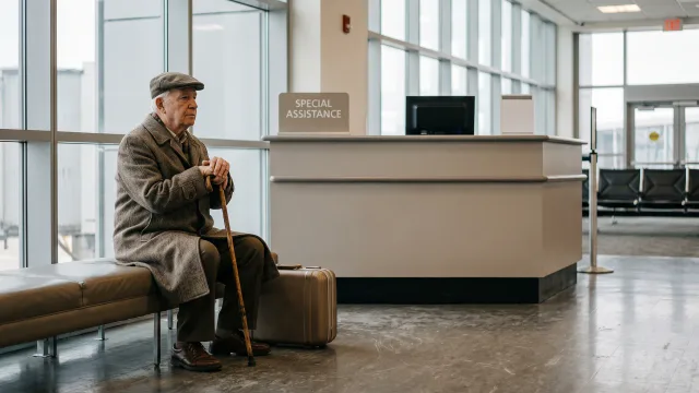 Exactly one older patient in a coat waiting at an airport assistance point with a walking stick and compact case, calm documentary framing