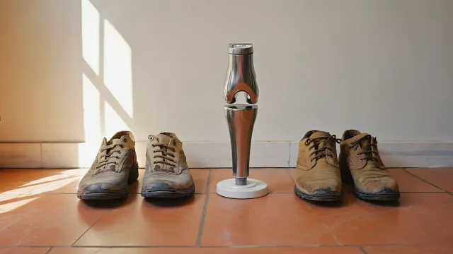 People-free clinical still life with a knee model, imaging and orthopaedic equipment illustrating Knee Replacement at 50 vs 65: Is There a Right Age?