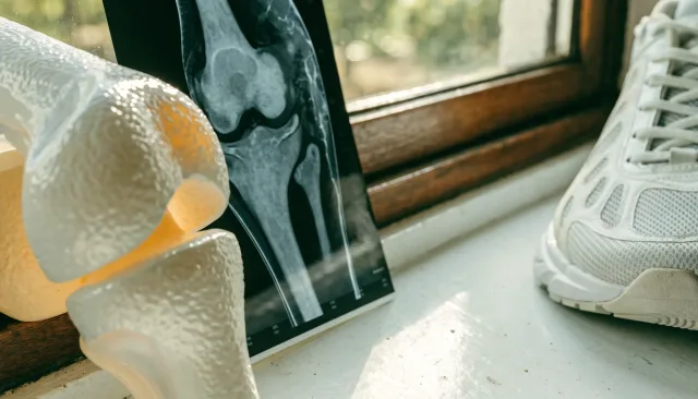 People-free sports-medicine still life with anatomical models, imaging and rehabilitation equipment illustrating Knee Cartilage Injuries in Young Athletes: Options and Realistic Outcomes