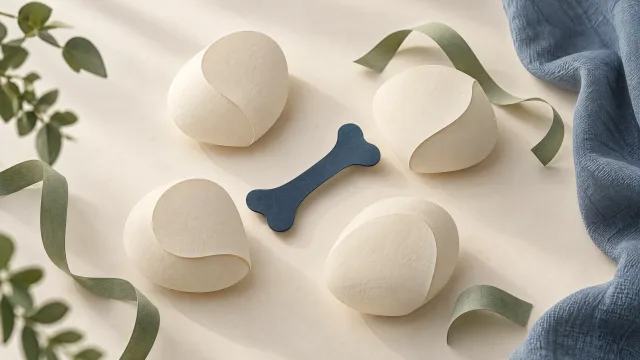 A navy paper bone shape surrounded by four folded cream forms and loose green ribbons.