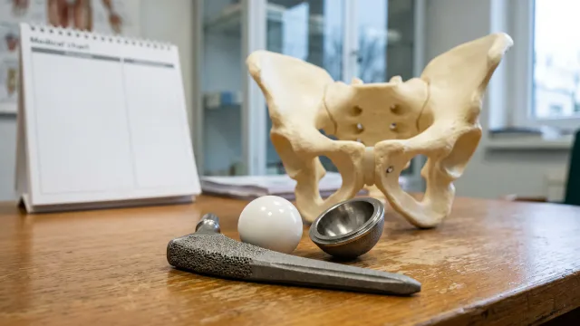 Macro view of porous hip stem texture, ceramic head and acetabular cup beside a front-facing pelvis model, premium clinical product photography without branding