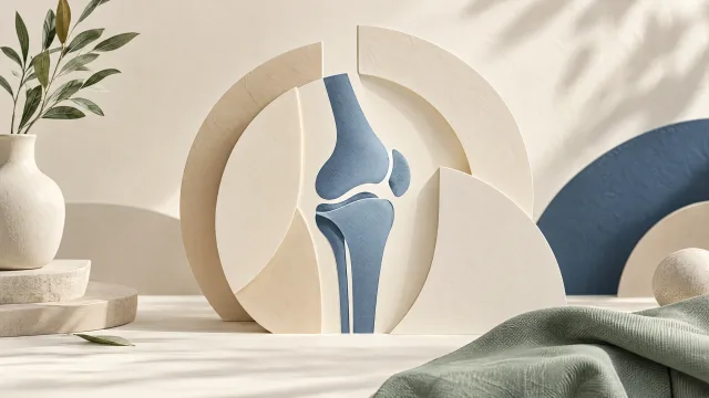 Stylised blue knee joint surrounded by layered cream paper arcs, with green fabric and leaves nearby.