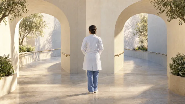 Conceptual ivory courtyard with two equally lit curved passages and a fictional clinician viewed from behind.