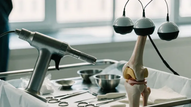 Close documentary photograph of an unbranded handheld robotic burr, optical trackers and an anatomically correct knee model on a prepared theatre trolley