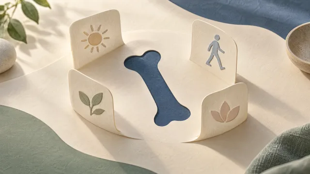 A blue bone silhouette surrounded by upright cream paper cards with sun, leaf and walking symbols.