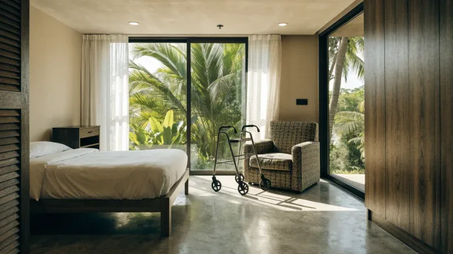 A bright Kerala serviced apartment room with firm armchair, sensible bed height, clear walker route and tropical greenery outside