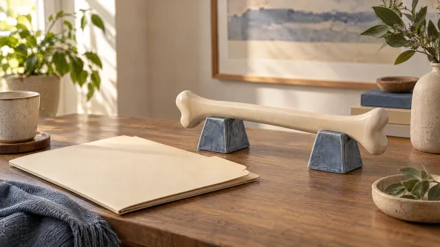 Ivory ceramic bone resting on two blue supports beside a cream folder on a wooden table.