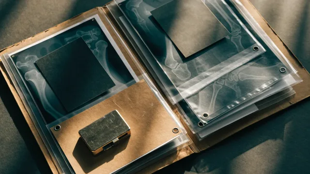 An archival medical folder opened to reveal layered radiograph sleeves, implant stickers turned away and a small secure drive, warm documentary light