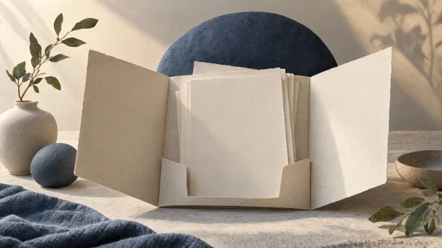 Open cream paper folder with blank sheets, navy shapes and a leafy branch in a vase.