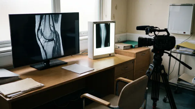 A secure remote-review workstation with knee MRI, blank report, standing X-ray and video camera, clinical rather than technological spectacle