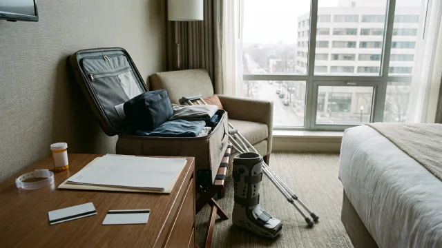A quiet hotel room after discharge with medical objects, extra-night key cards and a half-packed suitcase, showing costs outside the hospital