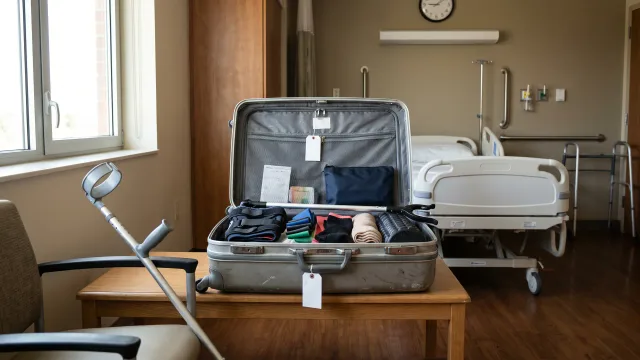 A hard-shell suitcase open in an accessible recovery room, with every practical item visible and no holiday clutter