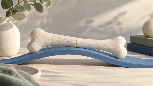 An ivory bone-shaped sculpture with a narrow central separation, resting on a curved blue paper support.