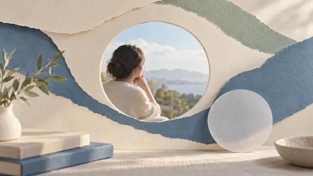 Paper collage framing a woman looking towards distant hills through a circular window, with cream and blue layers.