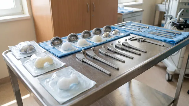 A clean component-selection bench with multiple stem lengths, cup sizes and knee inserts, all unbranded and arranged as a real planning process