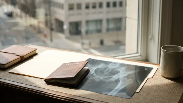 Passport and hip radiograph crossing in window light on a travel desk, connecting entry documentation with a genuine treatment plan