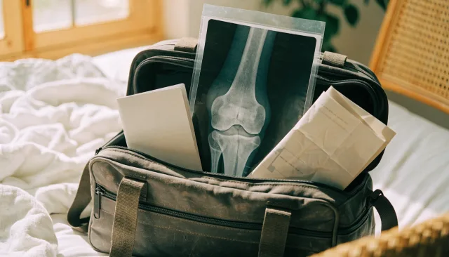 People-free clinical still life with a knee model, imaging and orthopaedic equipment illustrating Robotic Knee Replacement for NRIs: Planning Surgery in Kannur from the Gulf