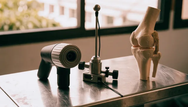 People-free clinical still life with a knee model, imaging and orthopaedic equipment illustrating What Is the CORI Robotic System? A Patient's Guide to How It Works