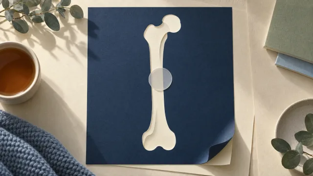 Ivory paper bone silhouette on a navy sheet, overlapped by a translucent circle on a sunlit tabletop.