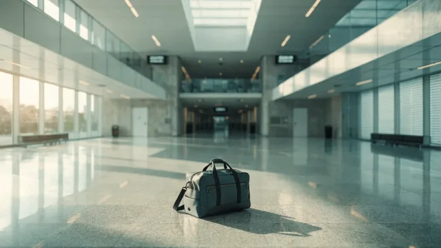A modern airport junction with three quiet departure corridors, signage fully blurred and a single medical travel bag at the decision point