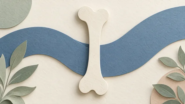Paper artwork of an ivory bone silhouette with a flowing blue band and sage leaves.
