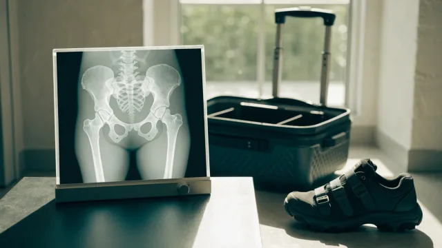 A hip radiograph glowing on a real lightbox while an open carry-on and accessible walking shoe sit softly out of focus near a sunlit window