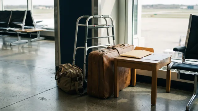 A large suitcase and smaller companion bag beside a mobility aid and shared hospital transfer envelope, realistic airport light