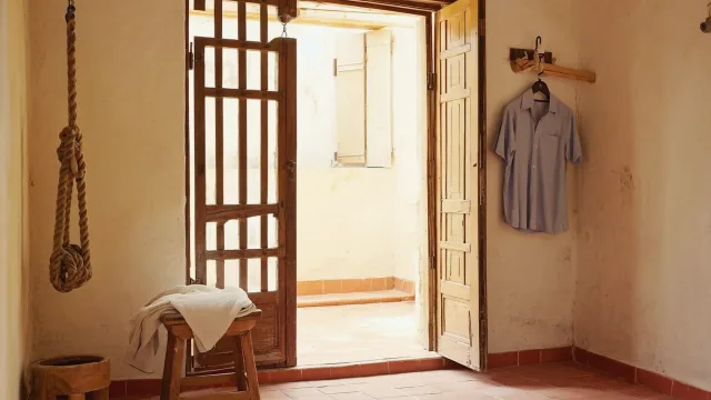 A shoulder exercise pulley, warm compress and hanging shirt beside a sunlit Kerala home doorway