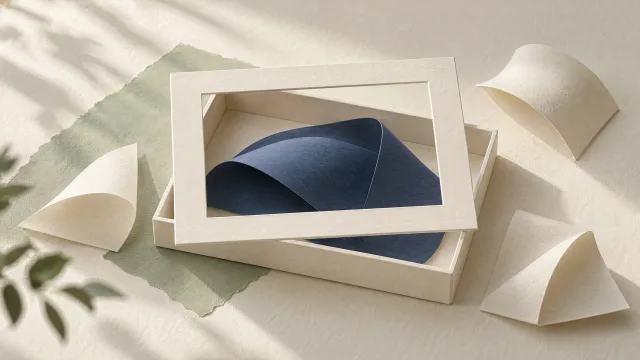 Folded navy paper inside a cream box beneath an open rectangular frame.