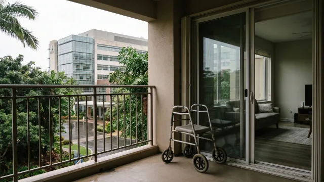 A modern hospital visible from the shaded balcony of an accessible apartment, with a walker parked near the doorway and monsoon greenery beyond