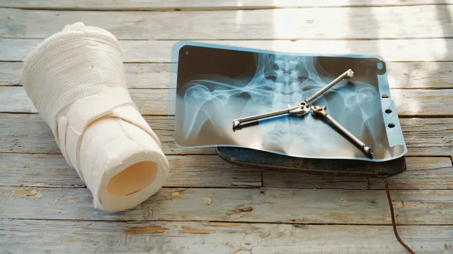People-free fracture-care still life with bone models, imaging and orthopaedic equipment illustrating Do All Fractures Need Surgery, or Can Some Heal in a Cast?