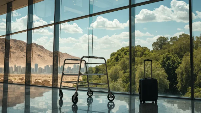 An airport glass wall reflecting both a restrained desert skyline and monsoon greenery, with a walker and small suitcase in the foreground