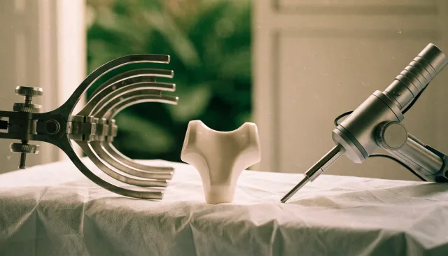 People-free clinical still life with a knee model, imaging and orthopaedic equipment illustrating Robotic vs Traditional Knee Replacement: What Actually Differs