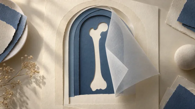 Layered cream and muted-blue paper revealing a stylised bone silhouette beneath a translucent sheet.