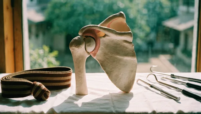 People-free clinical still life with a shoulder model, imaging and arthroscopy equipment illustrating Rotator Cuff Tear: Do You Always Need Surgery?