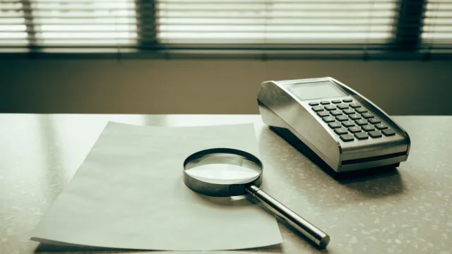 A magnifying glass over the payee area of a blank hospital invoice beside a secure payment terminal and written terms turned unreadable