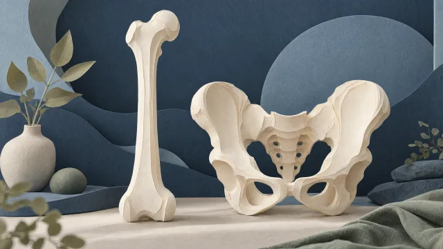 Layered ivory paper sculptures of a long bone and pelvis against a blue backdrop.